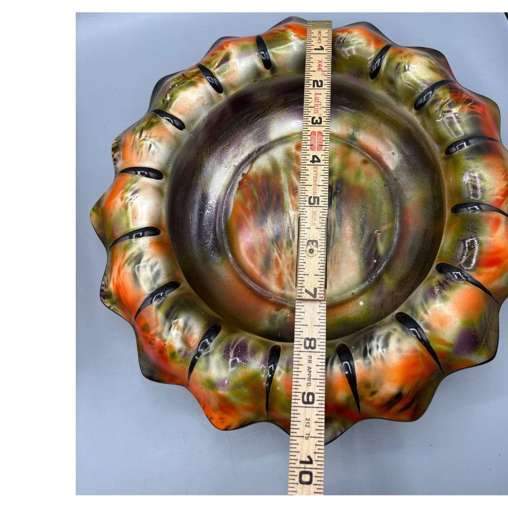 Vintage‎ Ceramic Art Pottery Scalloped Bowl Orange Green Drip Glaze 9.5